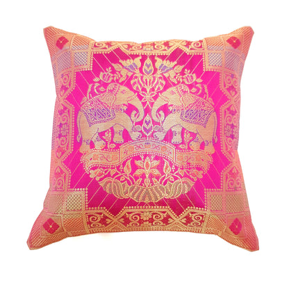 12x12 Inch Pink Cushion Cover Banarasi Indian Elephant Woven Zari Brocade Silk