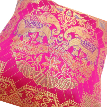 12x12 Inch Pink Cushion Cover Banarasi Indian Elephant Woven Zari Brocade Silk