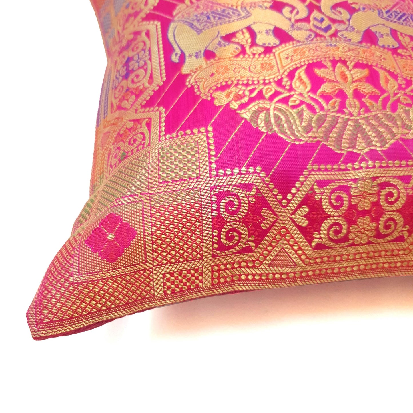 12x12 Inch Pink Cushion Cover Banarasi Indian Elephant Woven Zari Brocade Silk
