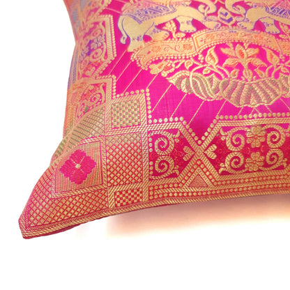 12x12 Inch Pink Cushion Cover Banarasi Indian Elephant Woven Zari Brocade Silk