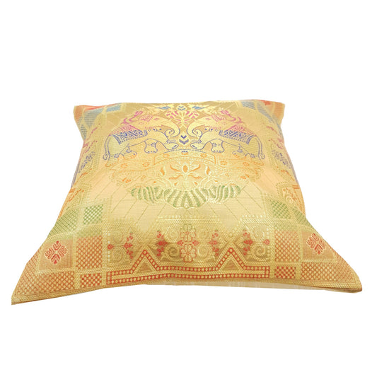 12x12 Inch Beige Cushion Cover Banarasi Indian Elephant Woven Zari Brocade Silk