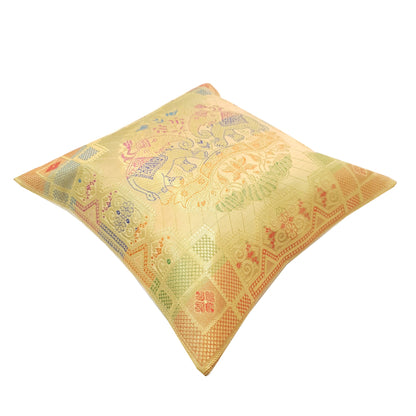 12x12 Inch Beige Cushion Cover Banarasi Indian Elephant Woven Zari Brocade Silk