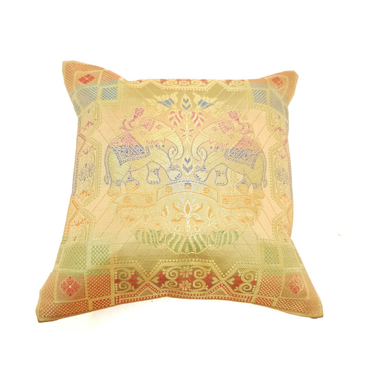 12x12 Inch Beige Cushion Cover Banarasi Indian Elephant Woven Zari Brocade Silk