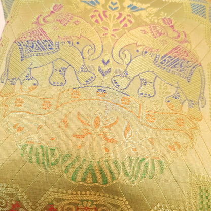 12x12 Inch Beige Cushion Cover Banarasi Indian Elephant Woven Zari Brocade Silk