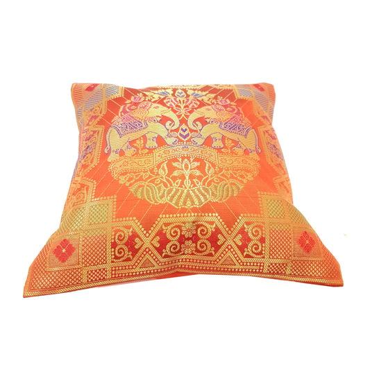 12x12 Inch Cushion Cover Banarasi Indian Orange Elephant Woven Zari Brocade Silk