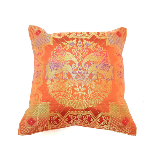 12x12 Inch Cushion Cover Banarasi Indian Orange Elephant Woven Zari Brocade Silk