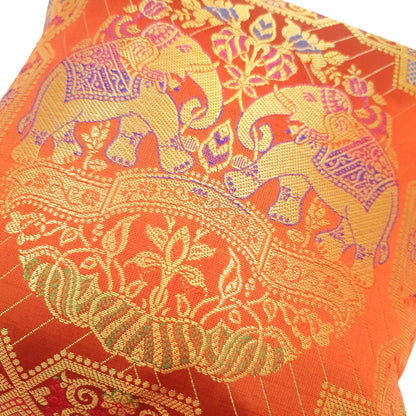 12x12 Inch Cushion Cover Banarasi Indian Orange Elephant Woven Zari Brocade Silk