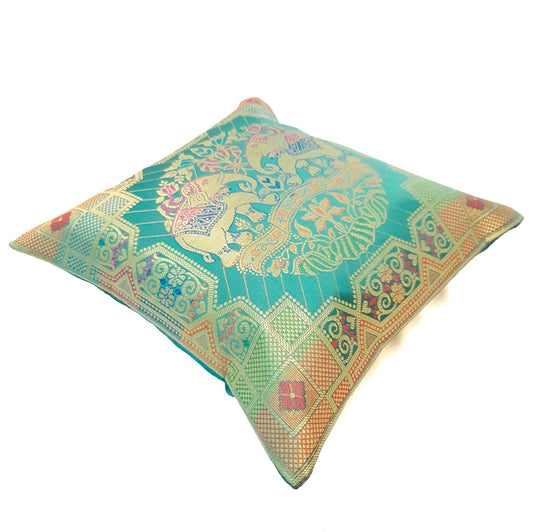 12x12 Inch Cushion Cover Banarasi Teal Green Elephant Woven Zari Brocade Silk