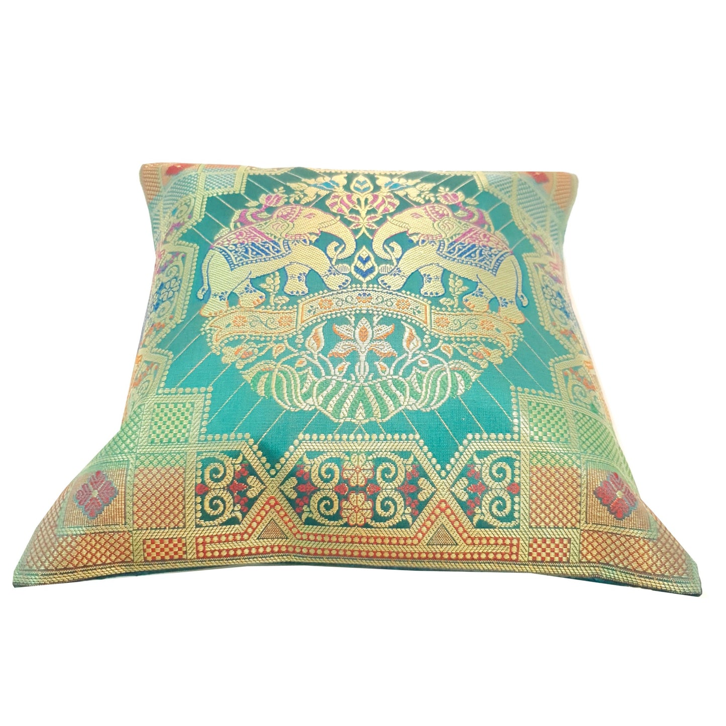 12x12 Inch Cushion Cover Banarasi Teal Green Elephant Woven Zari Brocade Silk