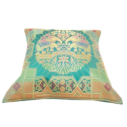 12x12 Inch Cushion Cover Banarasi Teal Green Elephant Woven Zari Brocade Silk