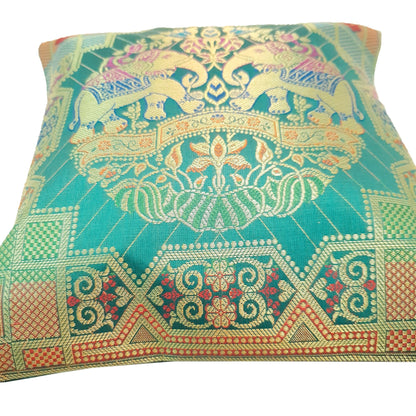 12x12 Inch Cushion Cover Banarasi Teal Green Elephant Woven Zari Brocade Silk