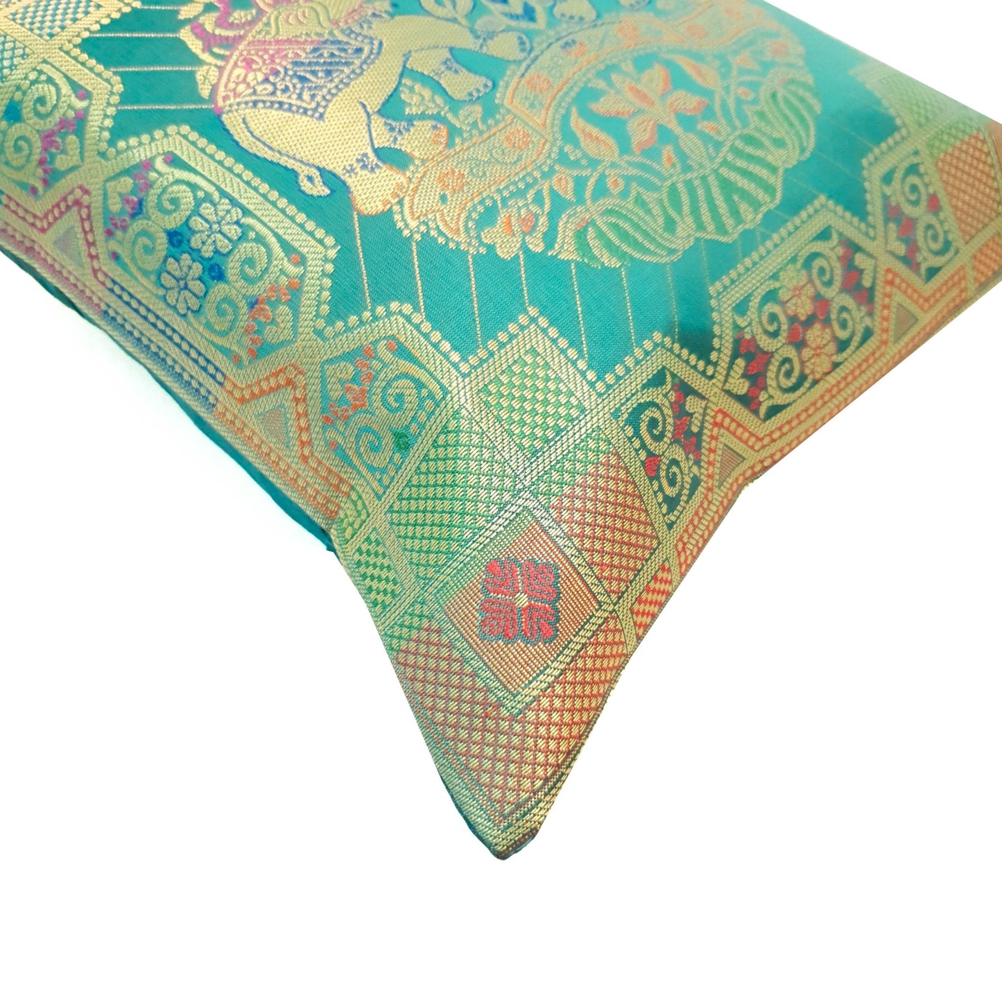 12x12 Inch Cushion Cover Banarasi Teal Green Elephant Woven Zari Brocade Silk