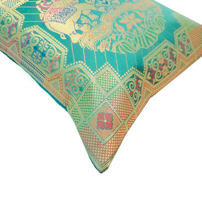 12x12 Inch Cushion Cover Banarasi Teal Green Elephant Woven Zari Brocade Silk