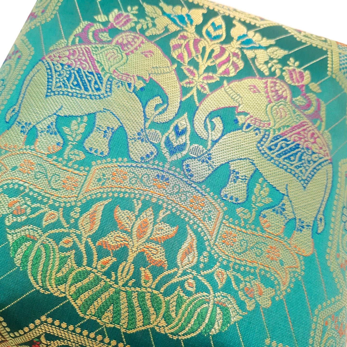 12x12 Inch Cushion Cover Banarasi Teal Green Elephant Woven Zari Brocade Silk