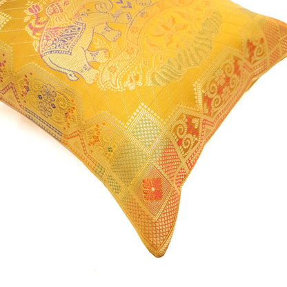 12x12 Inch Cushion Cover Banarasi Indian Mustard Elephant Woven Brocade Silk