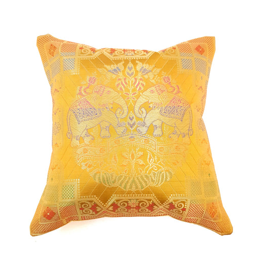 12x12 Inch Cushion Cover Banarasi Indian Mustard Elephant Woven Brocade Silk