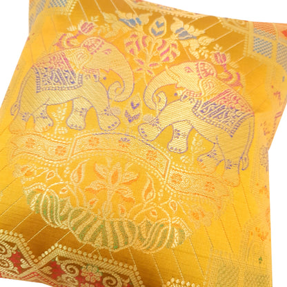12x12 Inch Cushion Cover Banarasi Indian Mustard Elephant Woven Brocade Silk