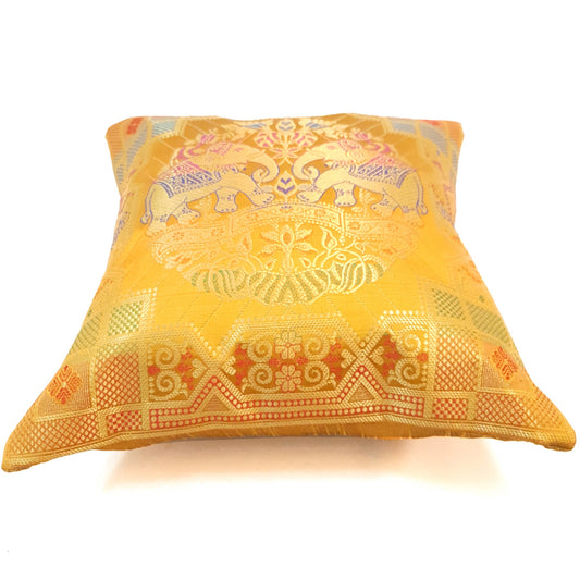 12x12 Inch Cushion Cover Banarasi Indian Mustard Elephant Woven Brocade Silk