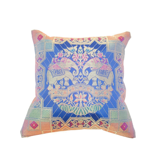 12x12 Inch Cushion Cover Blue Banarasi Indian Elephant Woven Zari Brocade Silk