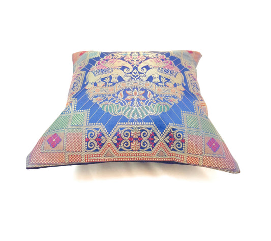 12x12 Inch Cushion Cover Blue Banarasi Indian Elephant Woven Zari Brocade Silk