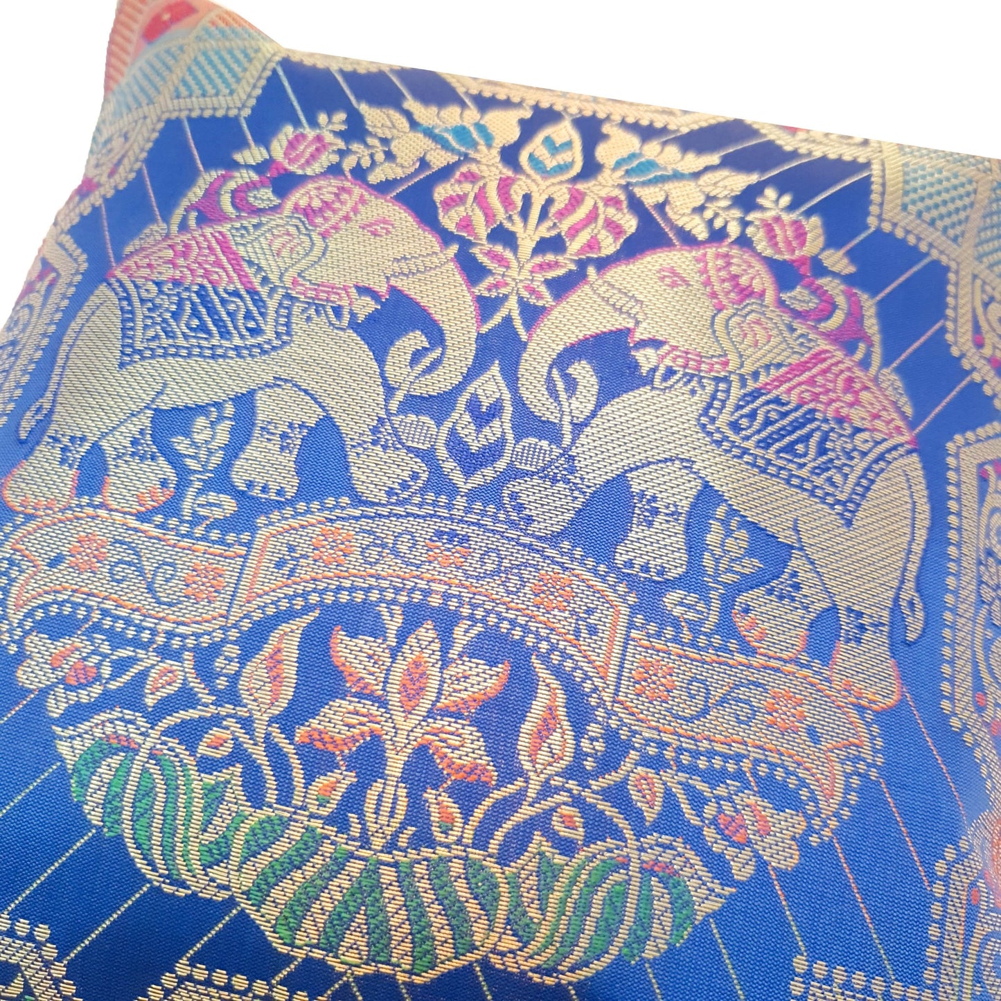 12x12 Inch Cushion Cover Blue Banarasi Indian Elephant Woven Zari Brocade Silk