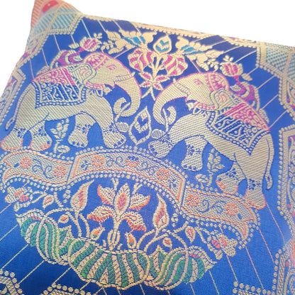 12x12 Inch Cushion Cover Blue Banarasi Indian Elephant Woven Zari Brocade Silk
