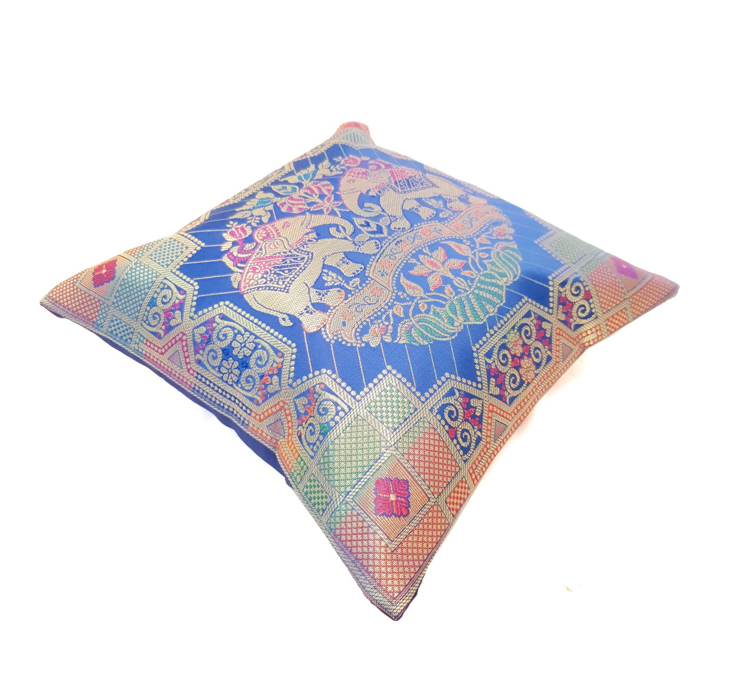 12x12 Inch Cushion Cover Blue Banarasi Indian Elephant Woven Zari Brocade Silk