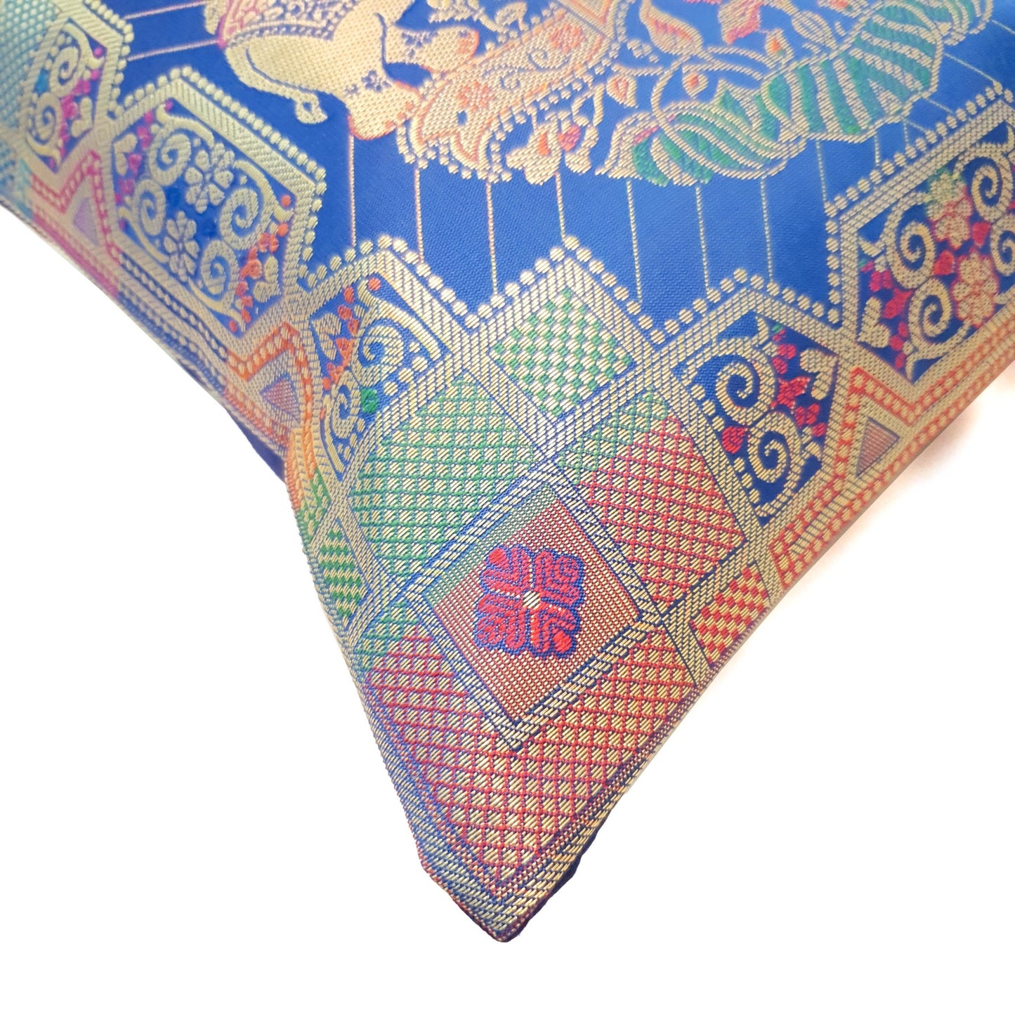 12x12 Inch Cushion Cover Blue Banarasi Indian Elephant Woven Zari Brocade Silk
