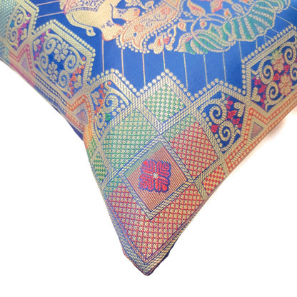 12x12 Inch Cushion Cover Blue Banarasi Indian Elephant Woven Zari Brocade Silk