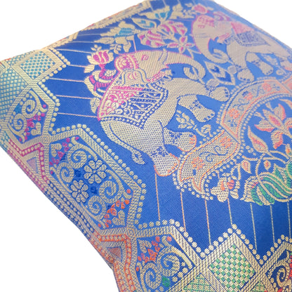 12x12 Inch Cushion Cover Blue Banarasi Indian Elephant Woven Zari Brocade Silk