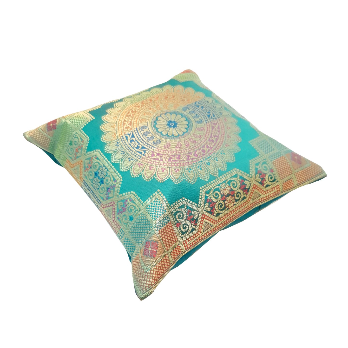 12x12 Inch Cushion Covers Teal Green Banarasi Mandala Woven Zari Brocade Silk