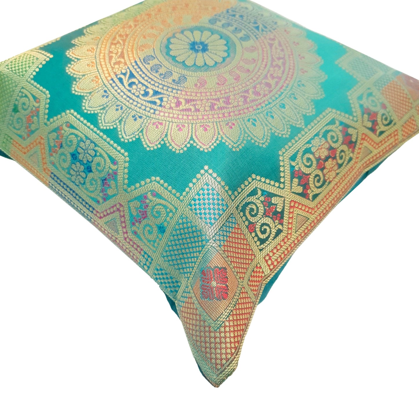 12x12 Inch Cushion Covers Teal Green Banarasi Mandala Woven Zari Brocade Silk