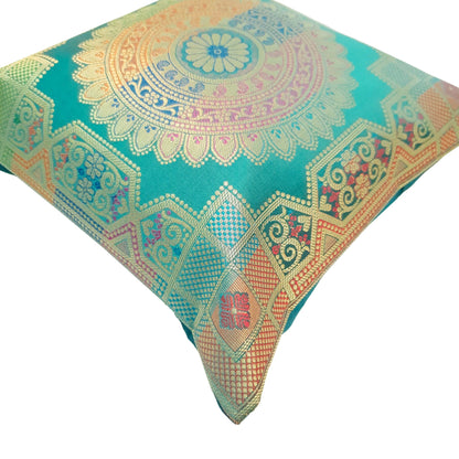 12x12 Inch Cushion Covers Teal Green Banarasi Mandala Woven Zari Brocade Silk