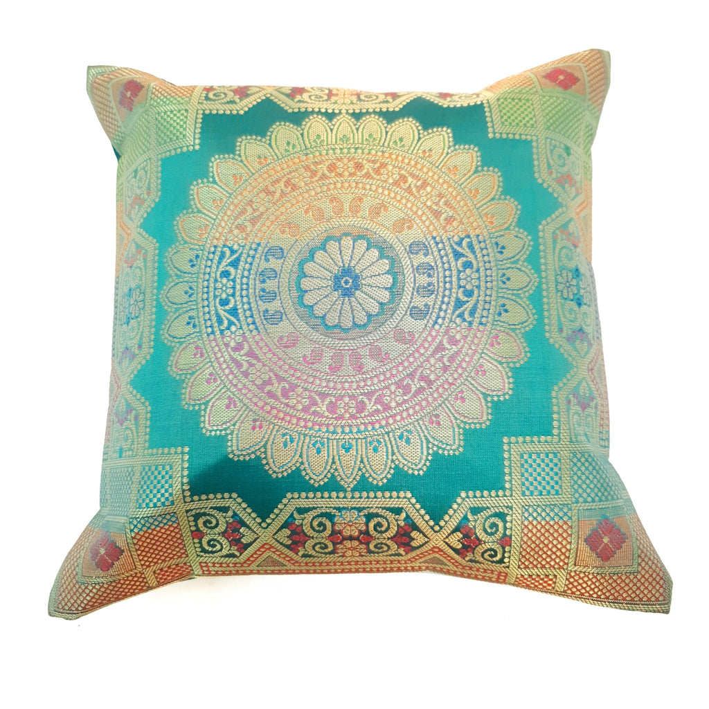 12x12 Inch Cushion Covers Teal Green Banarasi Mandala Woven Zari Brocade Silk
