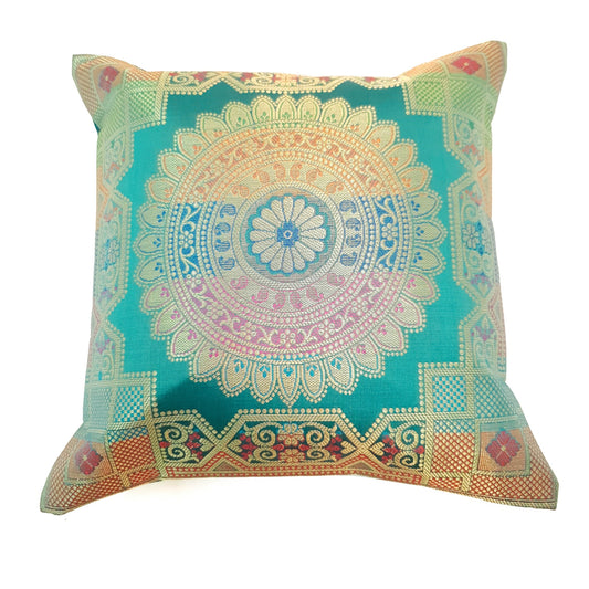 12x12 Inch Cushion Covers Teal Green Banarasi Mandala Woven Zari Brocade Silk
