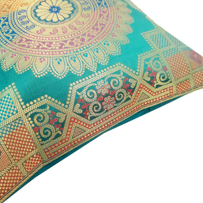 12x12 Inch Cushion Covers Teal Green Banarasi Mandala Woven Zari Brocade Silk