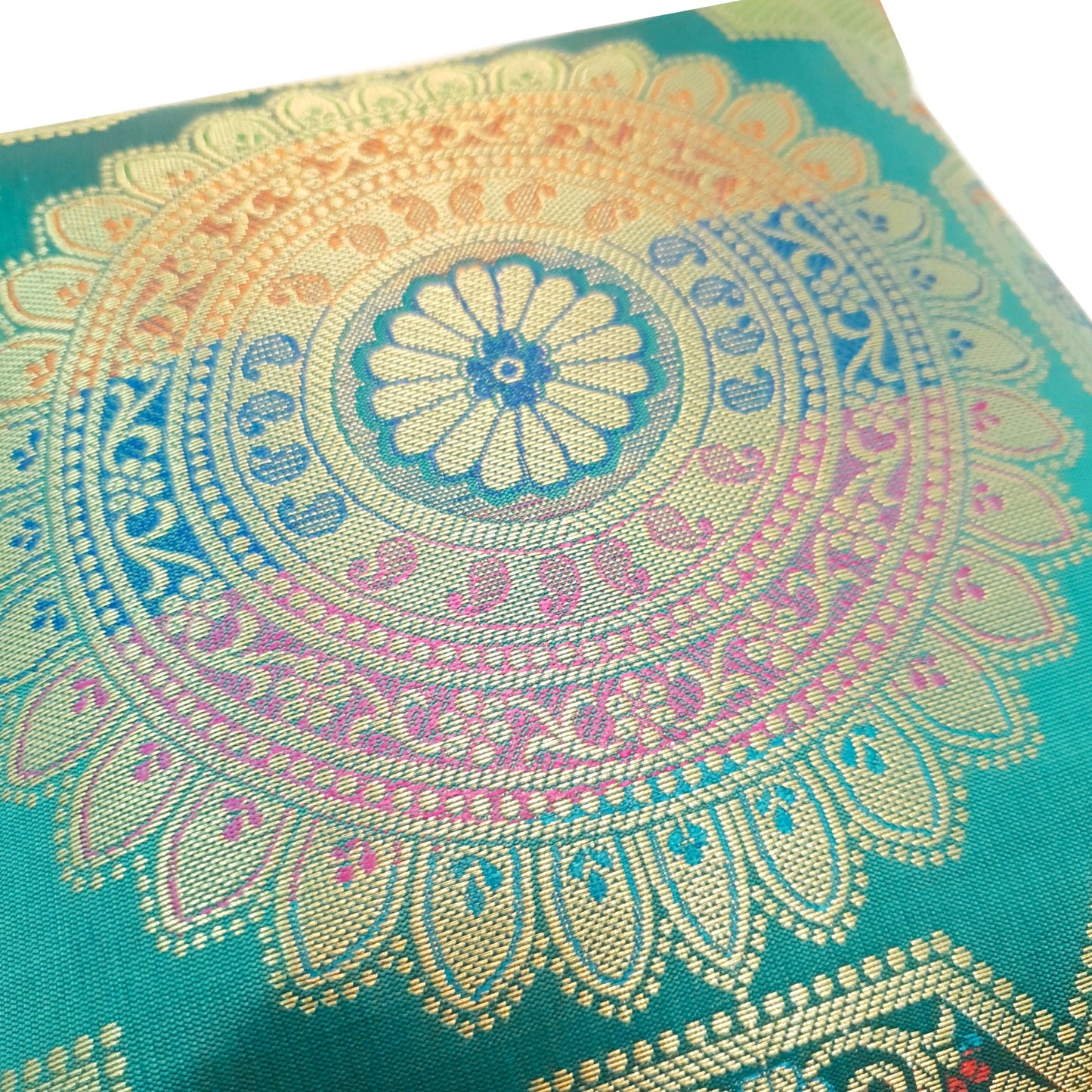 12x12 Inch Cushion Covers Teal Green Banarasi Mandala Woven Zari Brocade Silk
