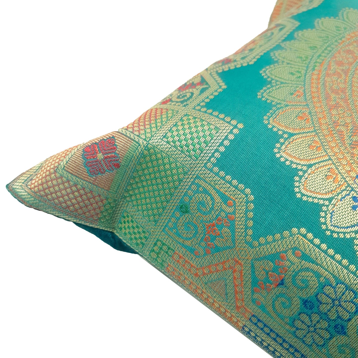 12x12 Inch Cushion Covers Teal Green Banarasi Mandala Woven Zari Brocade Silk