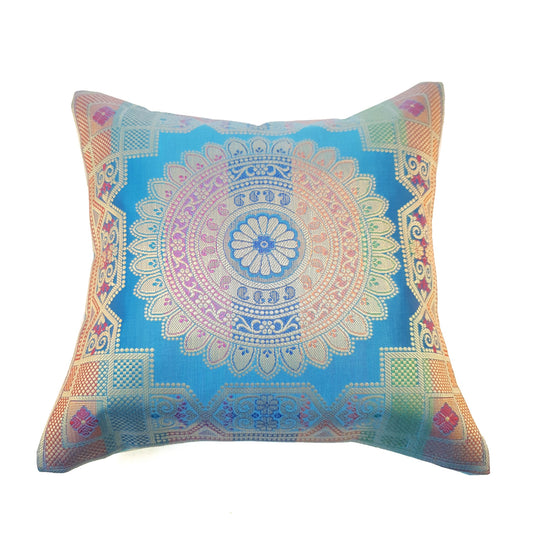 12x12 Inch Cushion Cover Turquoise Blue Banarasi Mandala Woven Zari Brocade Silk