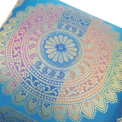 12x12 Inch Cushion Cover Turquoise Blue Banarasi Mandala Woven Zari Brocade Silk