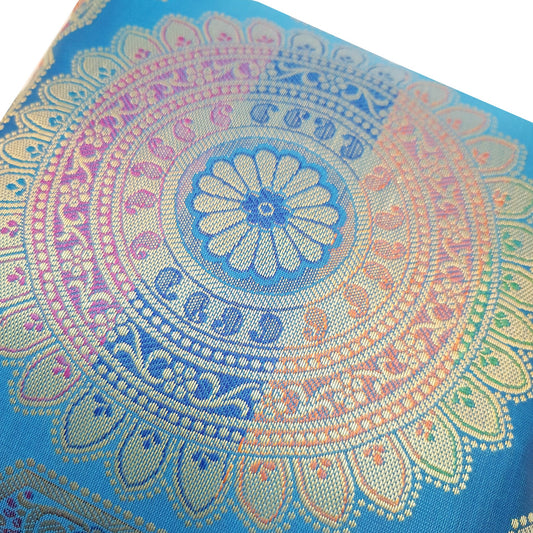 12x12 Inch Cushion Cover Turquoise Blue Banarasi Mandala Woven Zari Brocade Silk