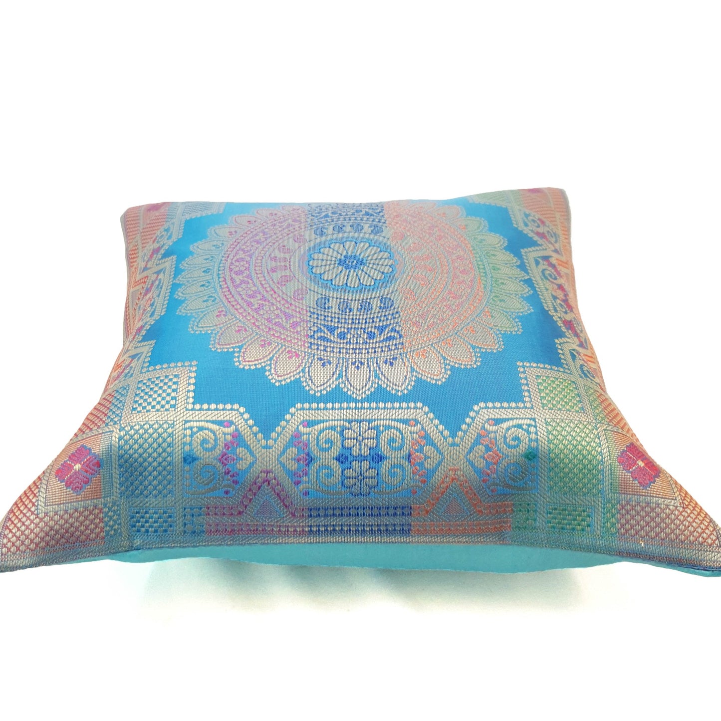 12x12 Inch Cushion Cover Turquoise Blue Banarasi Mandala Woven Zari Brocade Silk