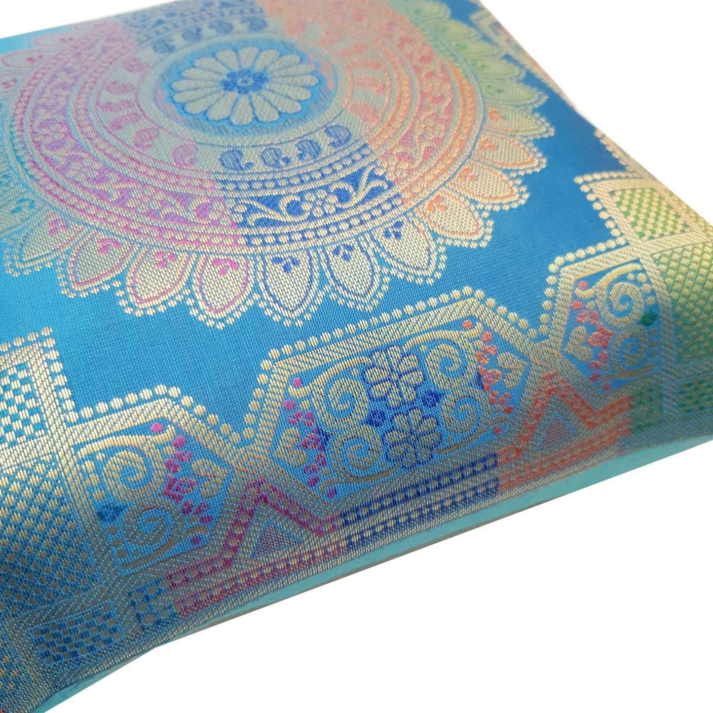 12x12 Inch Cushion Cover Turquoise Blue Banarasi Mandala Woven Zari Brocade Silk