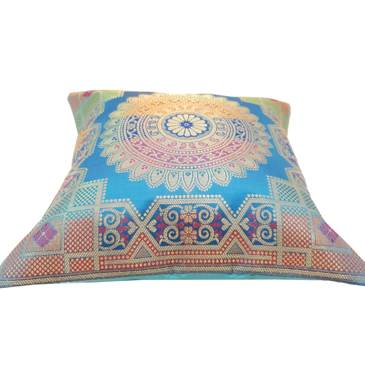 12x12 Inch Cushion Cover Turquoise Blue Banarasi Mandala Woven Zari Brocade Silk