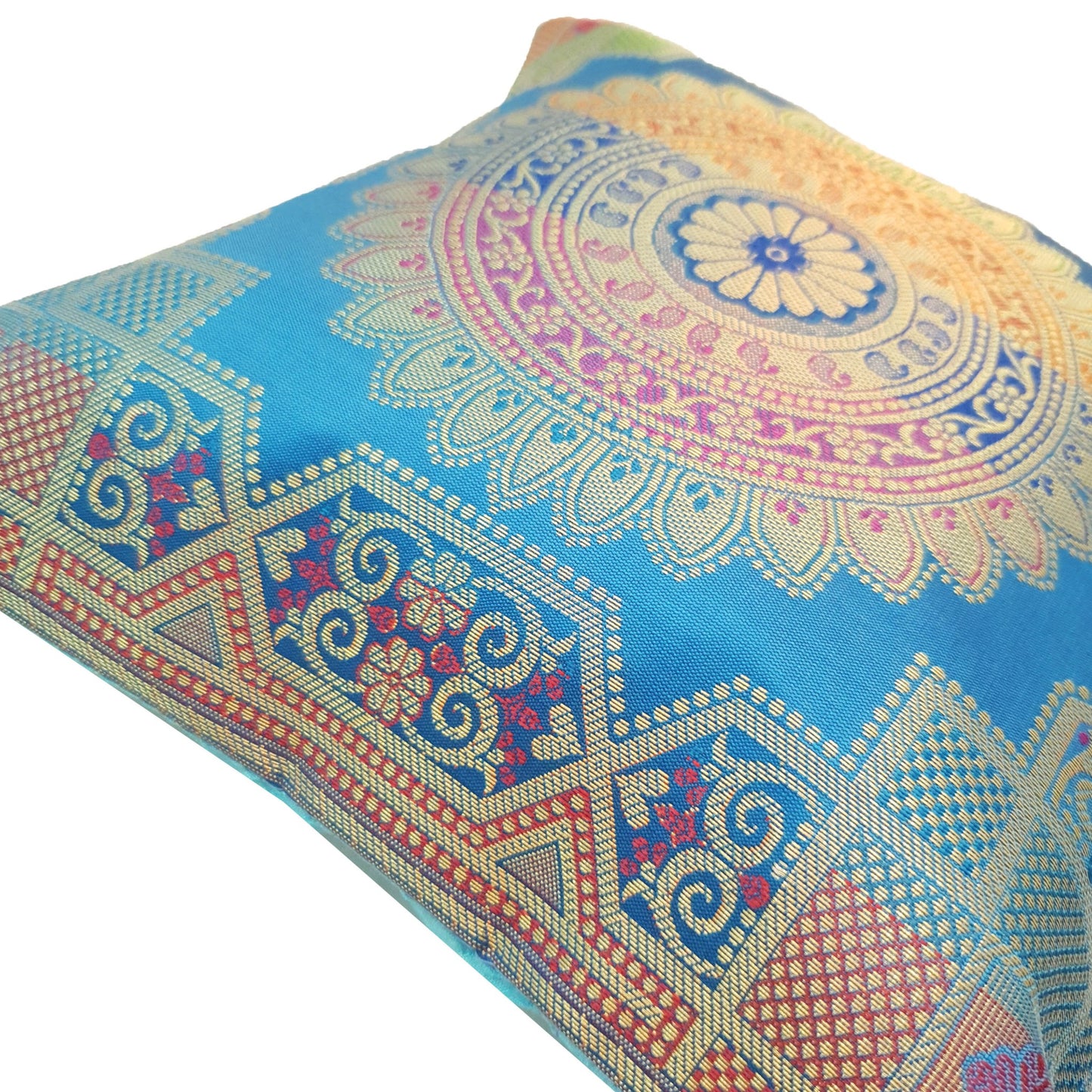 12x12 Inch Cushion Cover Turquoise Blue Banarasi Mandala Woven Zari Brocade Silk