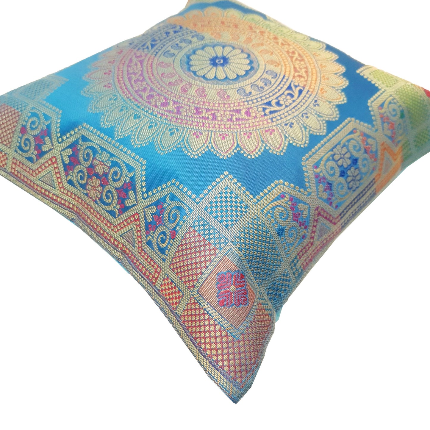 12x12 Inch Cushion Cover Turquoise Blue Banarasi Mandala Woven Zari Brocade Silk