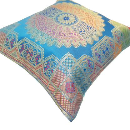 12x12 Inch Cushion Cover Turquoise Blue Banarasi Mandala Woven Zari Brocade Silk