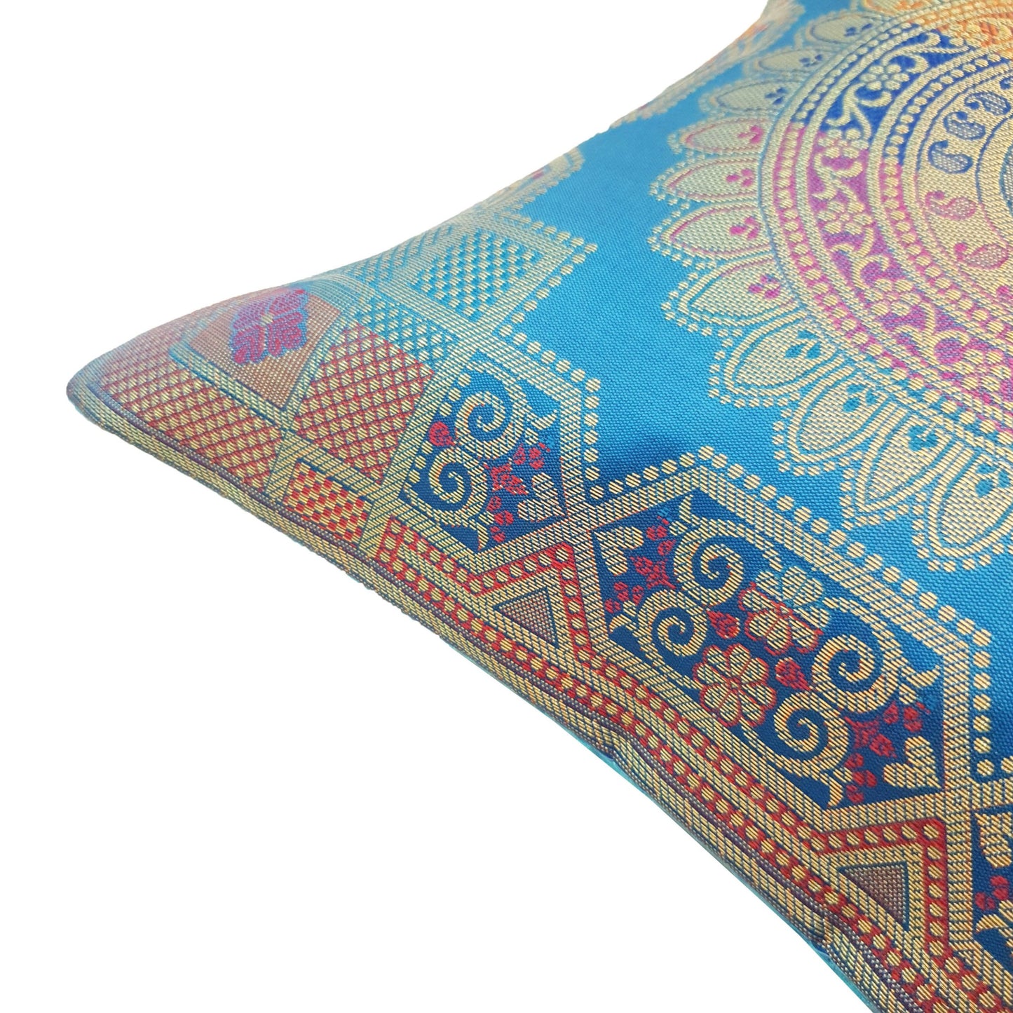 12x12 Inch Cushion Cover Turquoise Blue Banarasi Mandala Woven Zari Brocade Silk