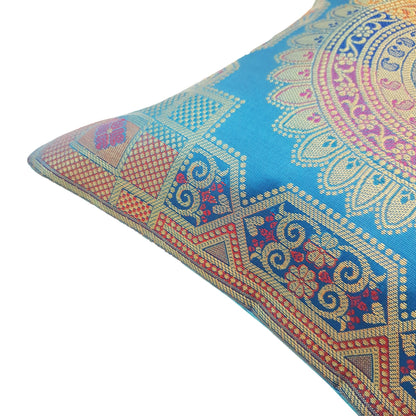 12x12 Inch Cushion Cover Turquoise Blue Banarasi Mandala Woven Zari Brocade Silk