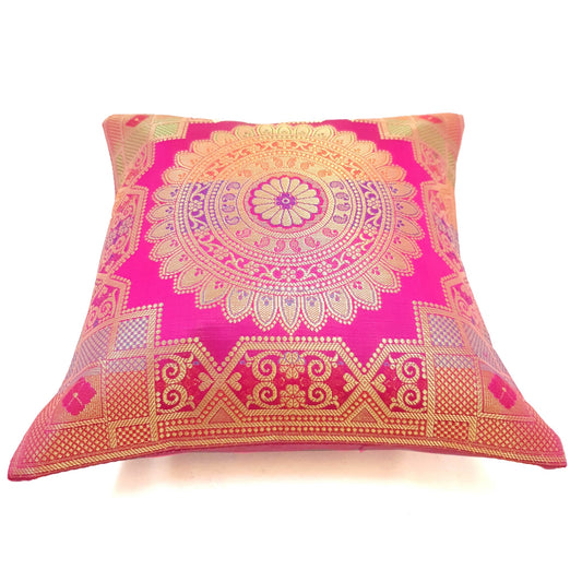 Pink 12x12 Inch Cushion Covers Indian Banarasi Mandala Woven Zari Brocade Silk